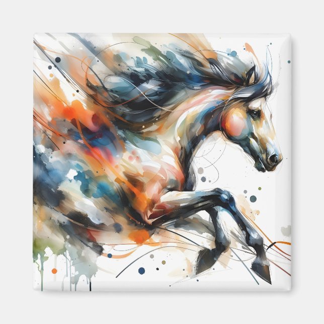 Imán Caballo corriendo en acuarela abstracta (Frente)