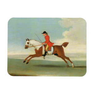 Imán Caballo de carreras galopante y jinete montado en