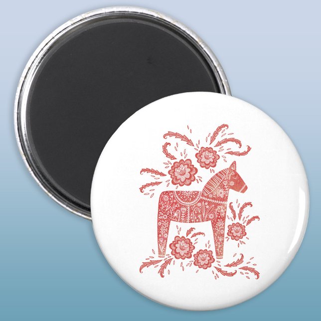 Imán Caballo de dala sueco rojo y blanco (Swedish Dala Horse red and white folk art magnet)