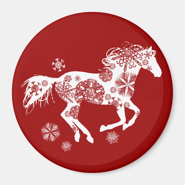 Imán Caballo de Navidades de copos de nieve rojos y bla (Frente)
