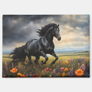 Imán Caballo Frisón Galopando Flores Silvestres