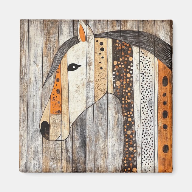 Imán Caballo geométrico boho de grano de madera rústico (Frente)