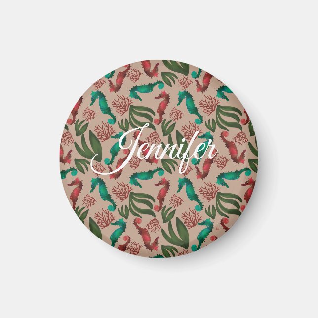 Imán Caballo marino rosa Nautical Personalizado (Frente)