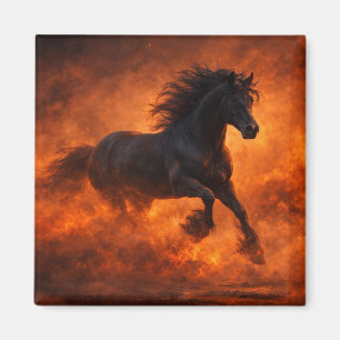 Imán Caballo Negro Corriendo a Través de Niebla Naranja