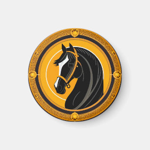 Imán Caballo negro sobre fondo amarillo y dorado orname