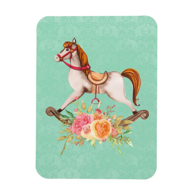 Imán Caballo rocoso vintage con Bouquet floral (Vertical)