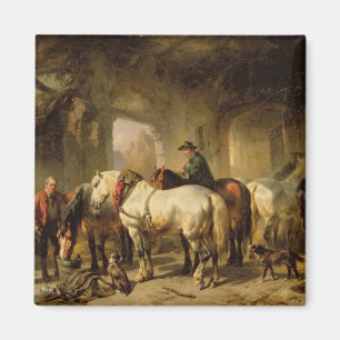 Imán Caballos que alimentan en el establo