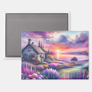 Imán Cabaña Atardecer Pastel Jardín junto al Lago Paisa