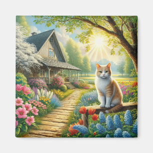 Imán Cabaña de primavera/jardín y gato
