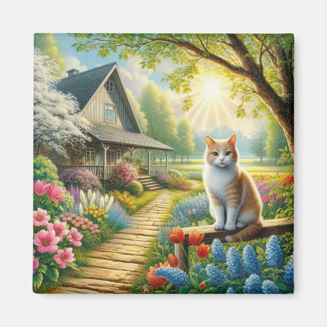 Imán Cabaña de primavera/jardín y gato (Frente)