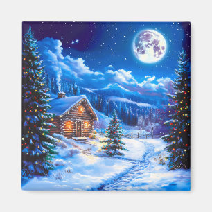 Imán Cabaña en Noche de Navidad Invernal con Luna