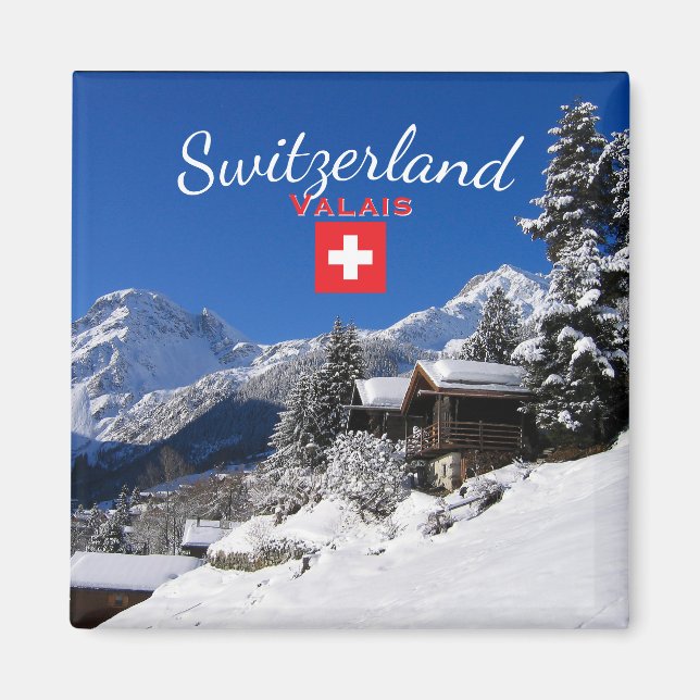 Imán Cabañas de troncos cubiertas de nieve en Suiza (Frente)
