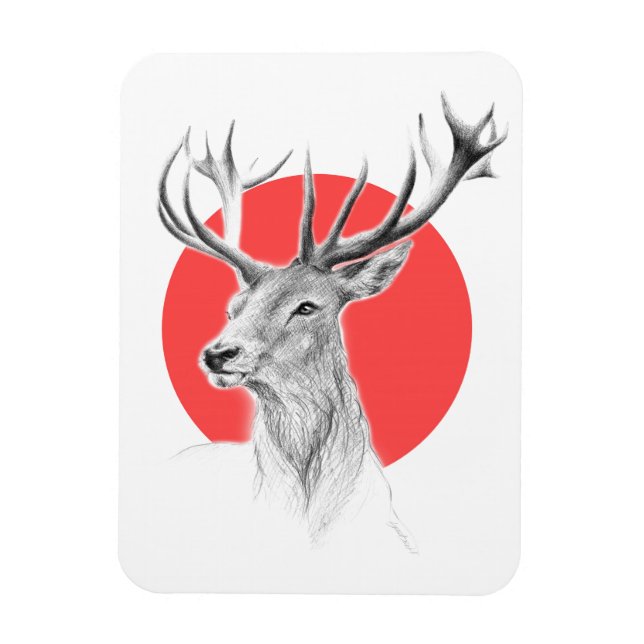 Imán Cabeza de ciervo Dibujo de Stag Círculo rojo Arte  (Vertical)