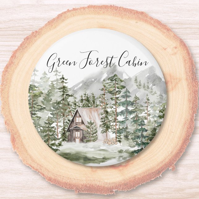 Imán Cabina acuarela en bosque de pinos verdes (Close up)