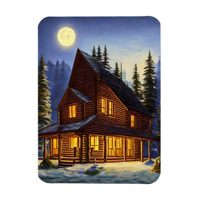 Imán Cabina de Log en el bosque Nieve paisaje arte (Vertical)