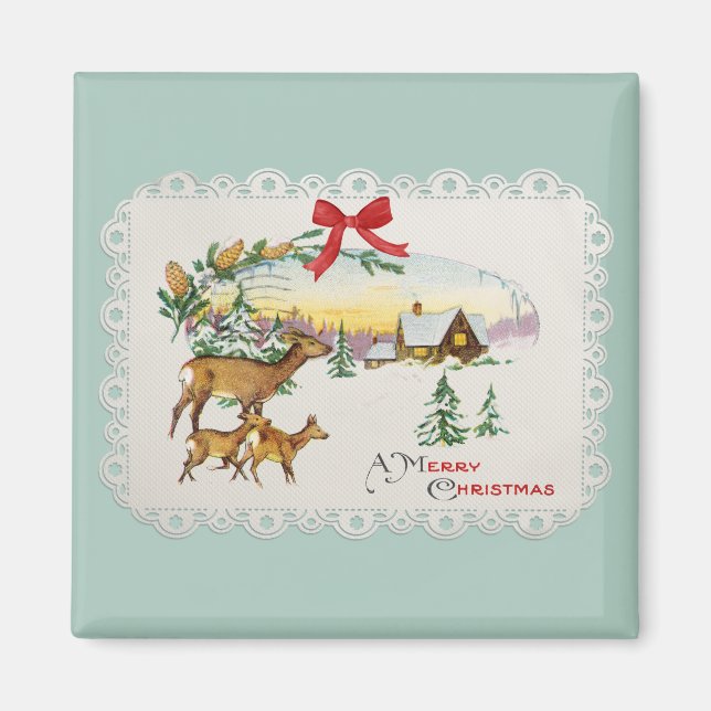 Imán Cabina y ciervo de Navidad vintage (Frente)