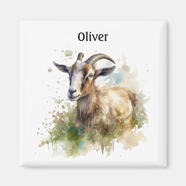 Imán Cabra de granja acuarela, personalizado (Frente)
