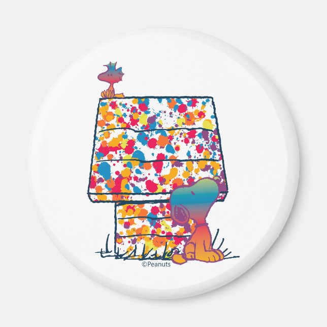 Imán Cacahuetes | Pintura arcoiris de Snoopy y Woodstoc (Frente)