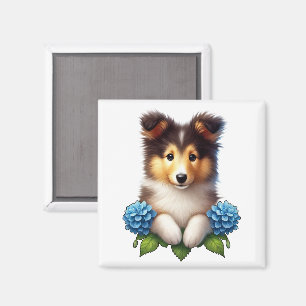 Imán Cachorro adorable con flores azules