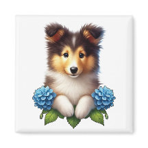 Cachorro adorable con flores azules
