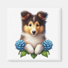 Imán Cachorro adorable con flores azules
