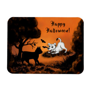 Imán Cachorro con gato negro y murciélago, ¡Feliz Hallo