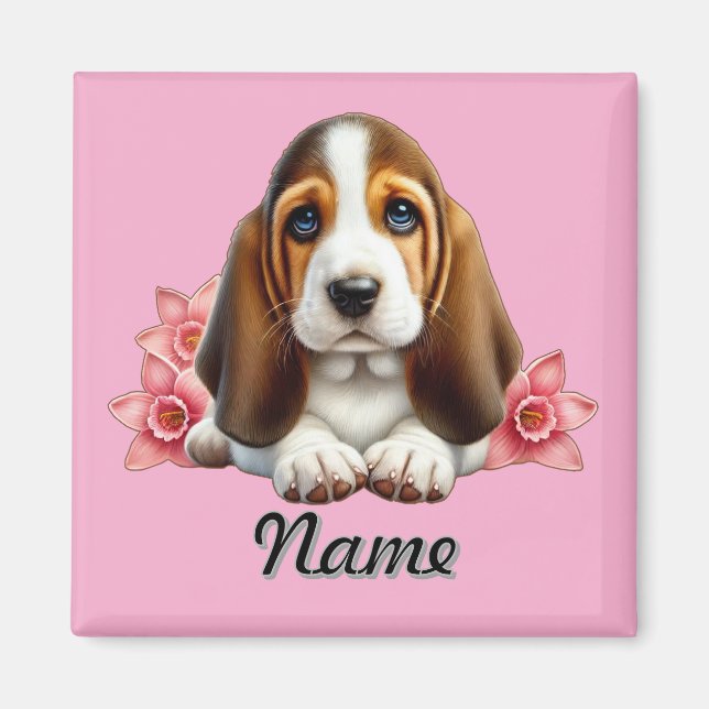 Imán Cachorro de anillos con flores personalizado (Frente)