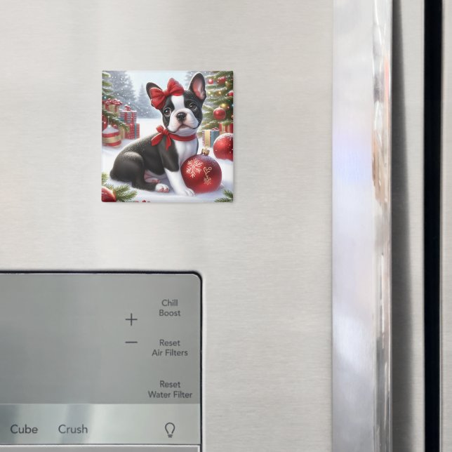 Imán Cachorro de Boston Terrier con adornos de Navidad  (In situ (nevera))