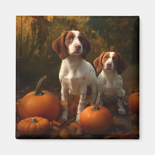 Imán Cachorro de Brittany Spaniel Otoño Delicia Calabaz (Frente)