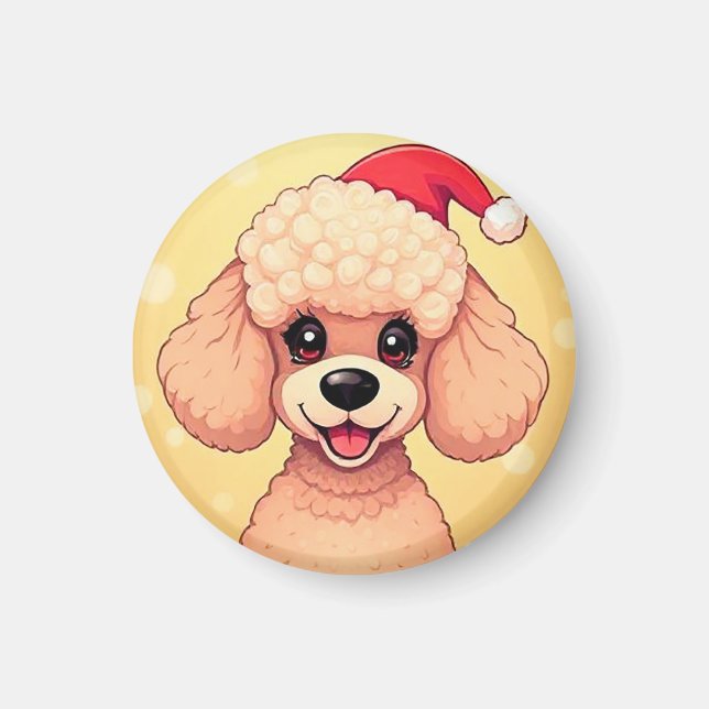 Imán Cachorro de Caniche Adorable en Escena de Navidad  (Frente)