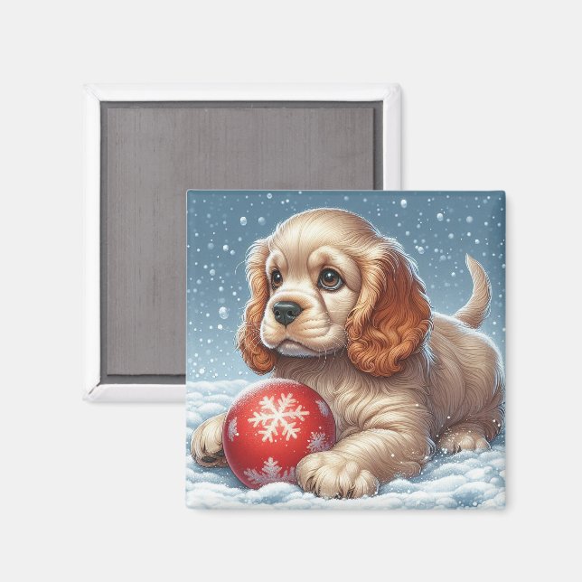 Imán Cachorro de Cocker Spaniel descansando en la nieve (Anverso/Reverso)