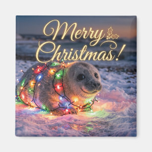 Imán Cachorro de foca adorable envuelto en luces de Nav