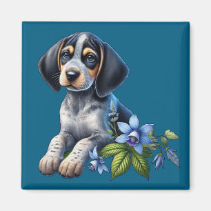 Imán Cachorro de garrapatas azules con flores azules de