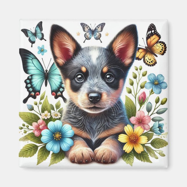 Imán Cachorro de Heeler con mariposas y flores (Frente)