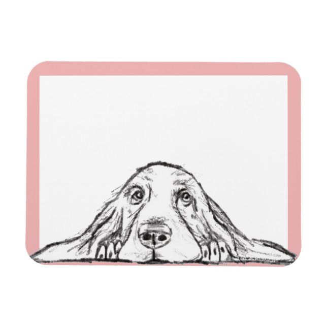 Imán cachorro de ojos simples negro y blanco de basset  (Horizontal)
