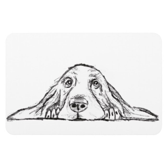 Imán cachorro de ojos simples negro y blanco de basset  (Horizontal)