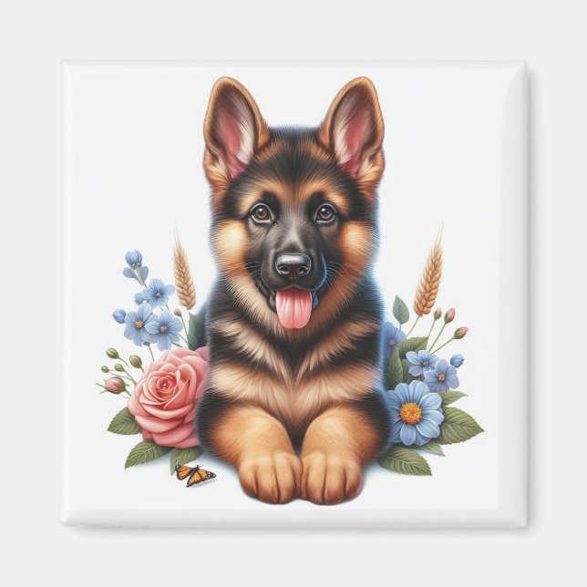 Imán Cachorro de Pastor Alemán con Flores (Frente)