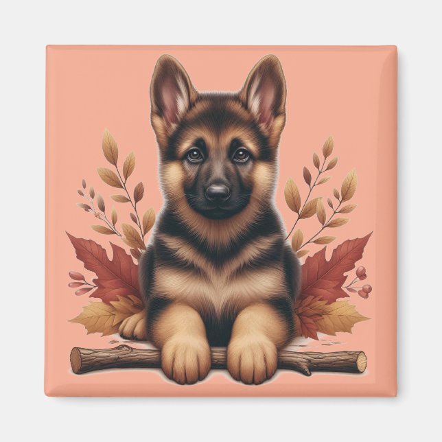 Imán Cachorro de Pastor Alemán con Hojas de Otoño (Frente)