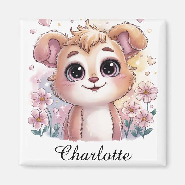 Imán Cachorro Kawaii con flores de primavera y corazone (Frente)