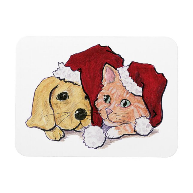 Imán Cachorro labrador de Navidad lindo y gato atigrado (Horizontal)