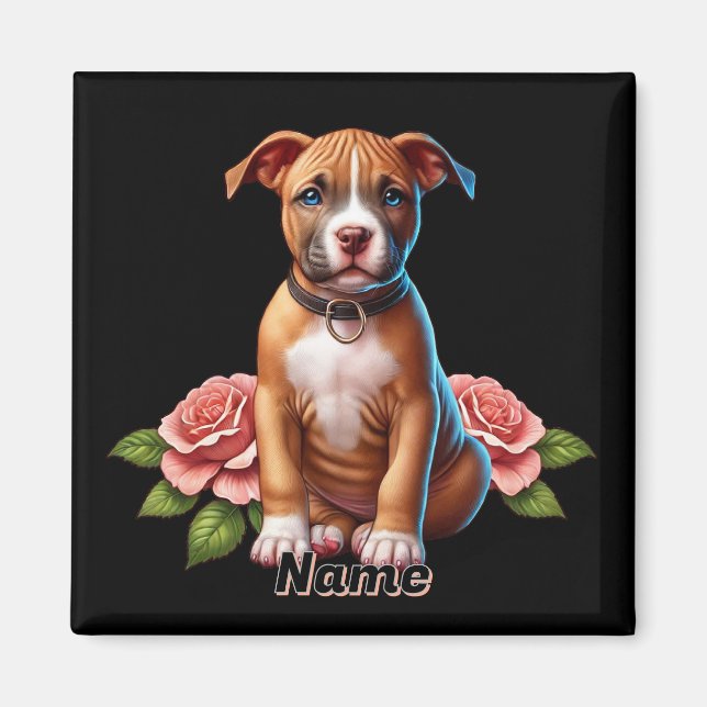 Imán Cachorro Marrón Adorable con Rosas (Frente)