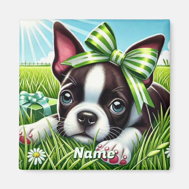 Imán Cachorro personalizado de Boston Terrier con lazo  (Frente)