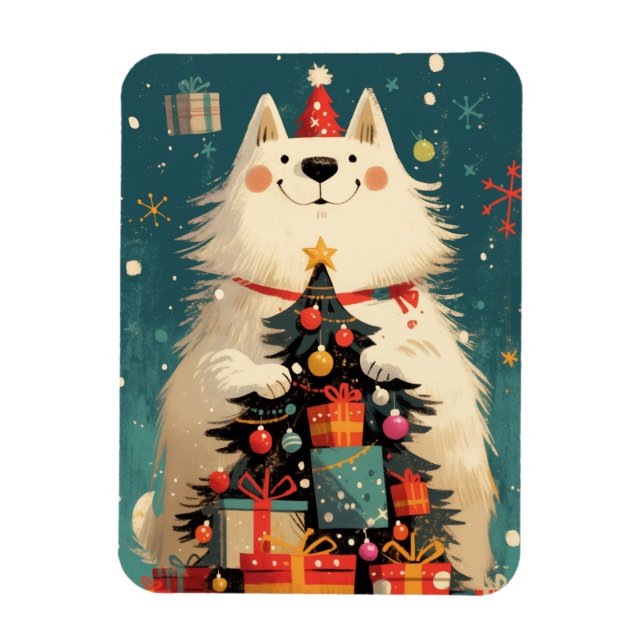 Imán Cachorro Samoyed lindo con vacaciones de Navidad (Vertical)