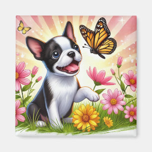 Imán Cachorro Terrier De Boston Jugando Con Mariposa