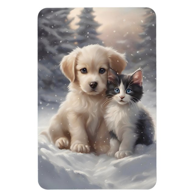 Imán Cachorro y gatito en refrigerador de nieve (Vertical)