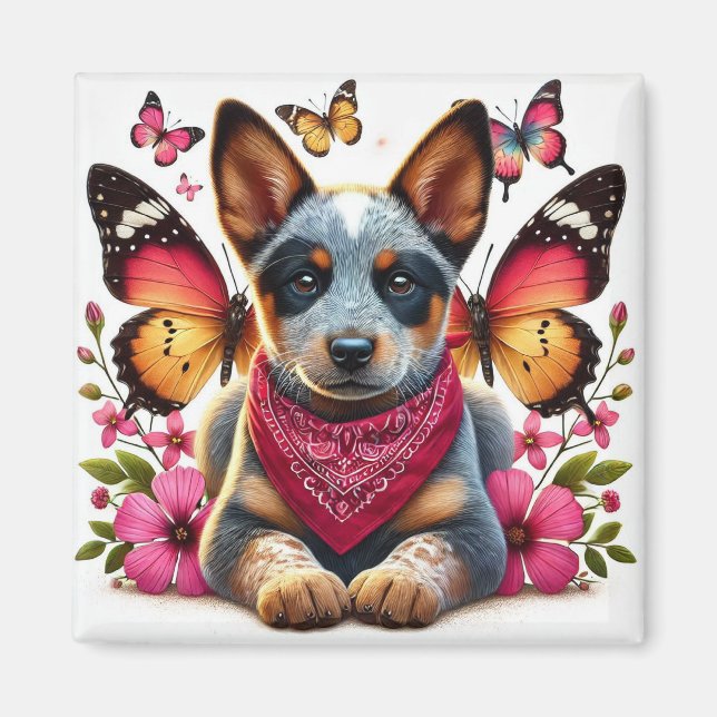 Imán Cachorros curados rodeados de mariposas y flores (Frente)