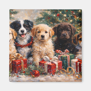 Imán Cachorros de Navidad con regalos bajo el árbol dec