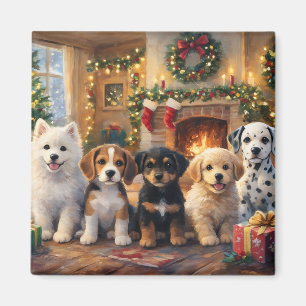 Imán Cachorros de Navidad junto a la chimenea y árbol d