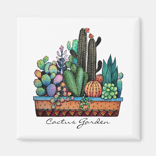 Imán Cactus Garden Cute Watercolor En Pot (Frente)