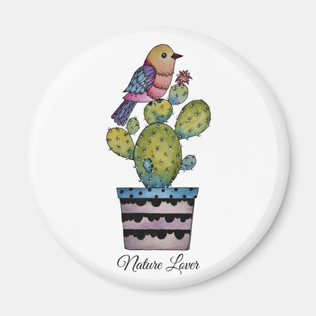 Imán Cactus Y Ave Arcoiris En Acuarela (Frente)